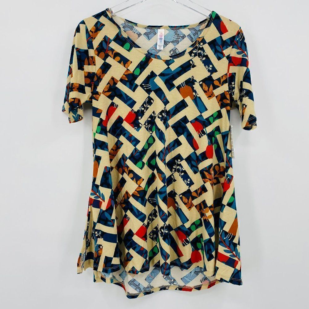 NEW Lularoe Perfect T Size XXS Cream & Blue Geometric Floral Leaf Print Top